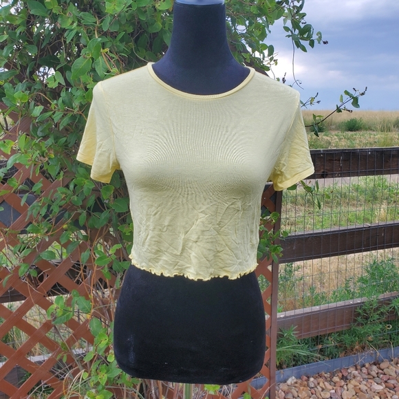 Pacsun Basics Lettuce Hem Crop Top Size Medium Pale Yellow EUC - Picture 8 of 14